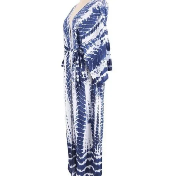 Boho Blue Tie Dye Kimono Duster Coverup - Picture 12 of 13